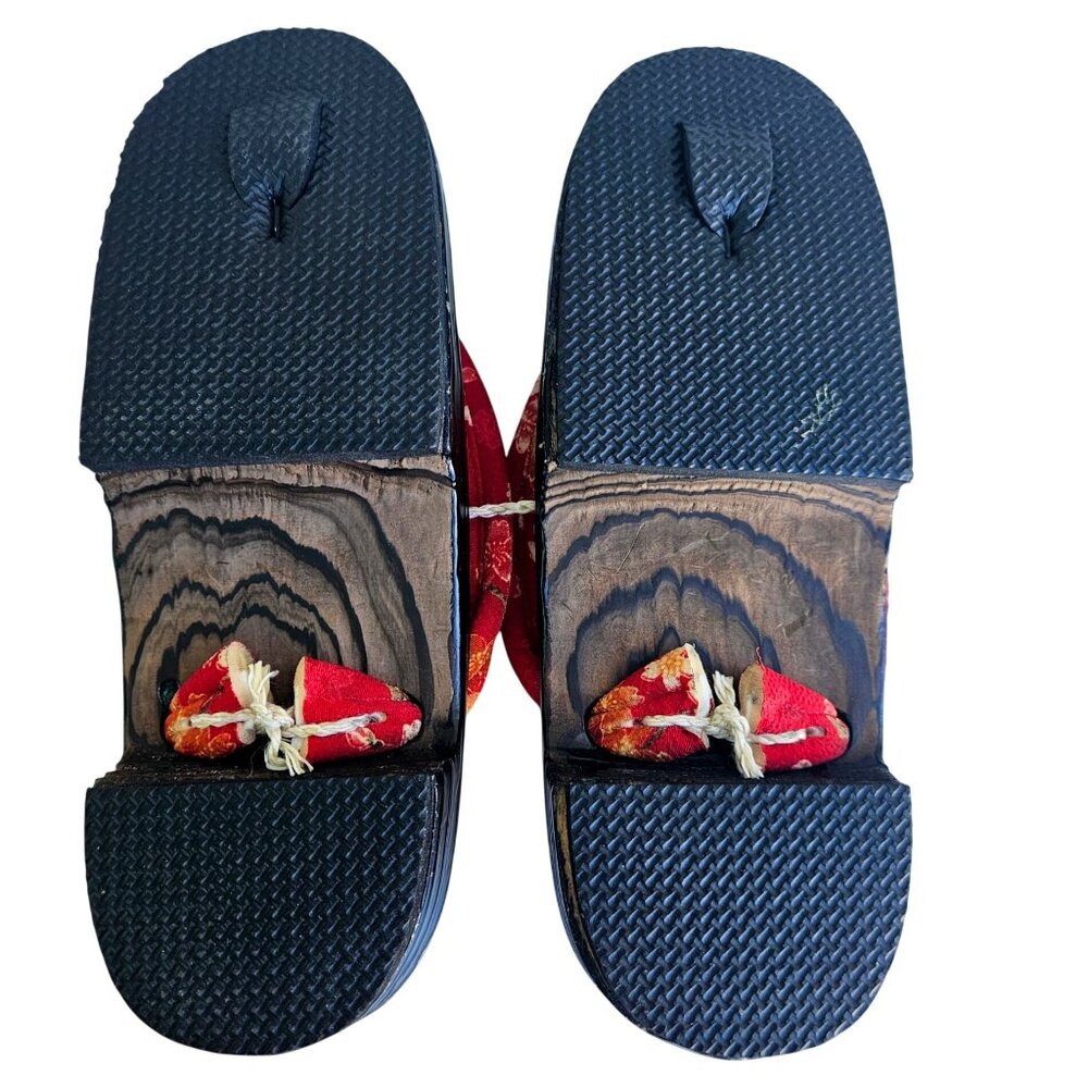 Japanese Geta Sandals Black Lacquer Red Floral Hanao S/M 6 to 7 Narrow - Picture 4 of 13